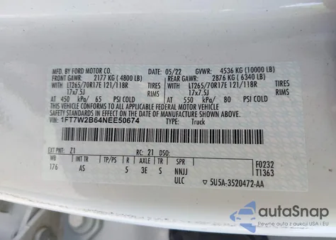 2022 Ford F-250 Xl из США, поврежденный, VIN 1FT7W2B64NEE50674